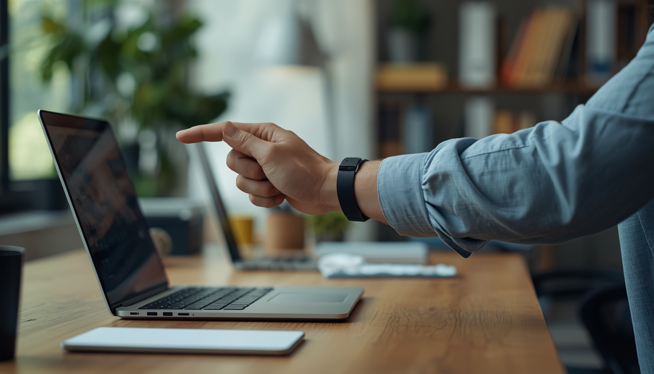 DeskMotion coach demonstrating wrist release beside notebooks